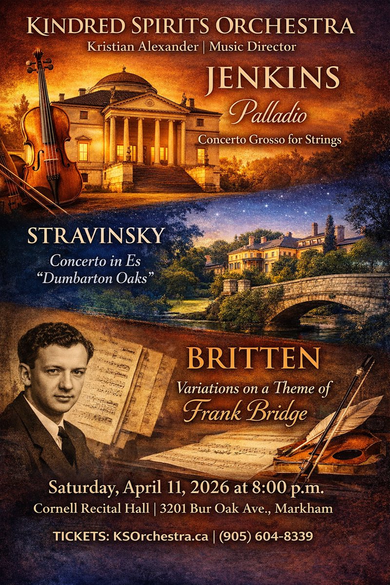 KSOrchestra's tweet photo. @cityofmarkham SAT April 11 at 8 p.m., @KSOrchestra &amp; @KristianAlex1  presents “Architecture and Conversations” at Cornell Recital Hall in Markham featuring Stravinsky’s Concerto in E-flat, “Palladio” by Jenkins, and Britten’s “Variations on a Theme of Frank Bridge”. https://t.co/bczFhViyuy