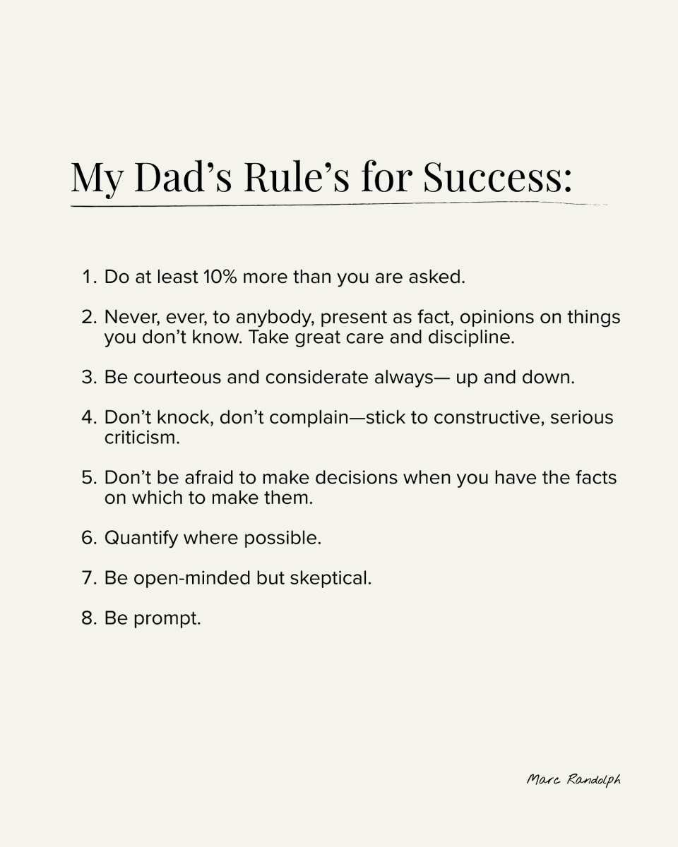 marcrandolph's tweet photo. When I was twenty-one years old, fresh out of college and about to start my first job, my father gave me a handwritten list of instructions.
 
I've passed these same rules on to my own children and the original copy hangs next to my bathroom mirror. https://t.co/dvQO1zzK5g