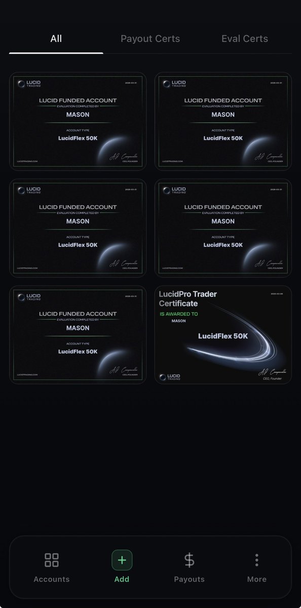 CowleyMason's tweet image. 5 x $50K Funded with @TradingLucid 

$250,000 in funded futures capital. 

Passed all 5 evals in a single session.

$8K+ profit to pass via @Tradesyncer copy trading.

Liquidity Inducement Theorem. One edge, scaled.

#NQ #FuturesTrading #PropFirm #MNQ #FundedTrader