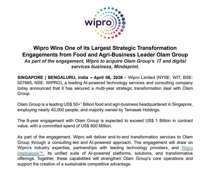 ETNOWlive's tweet image. #NewsAlert | Wipro Secures Landmark $1 Billion Mega-Deal with Olam Group

Wipro has inked a strategic eight-year partnership with food and agri-giant Olam Group. The contract features a committed spend of $800 million, with total deal value expected to surpass $1 billion

#Wipro