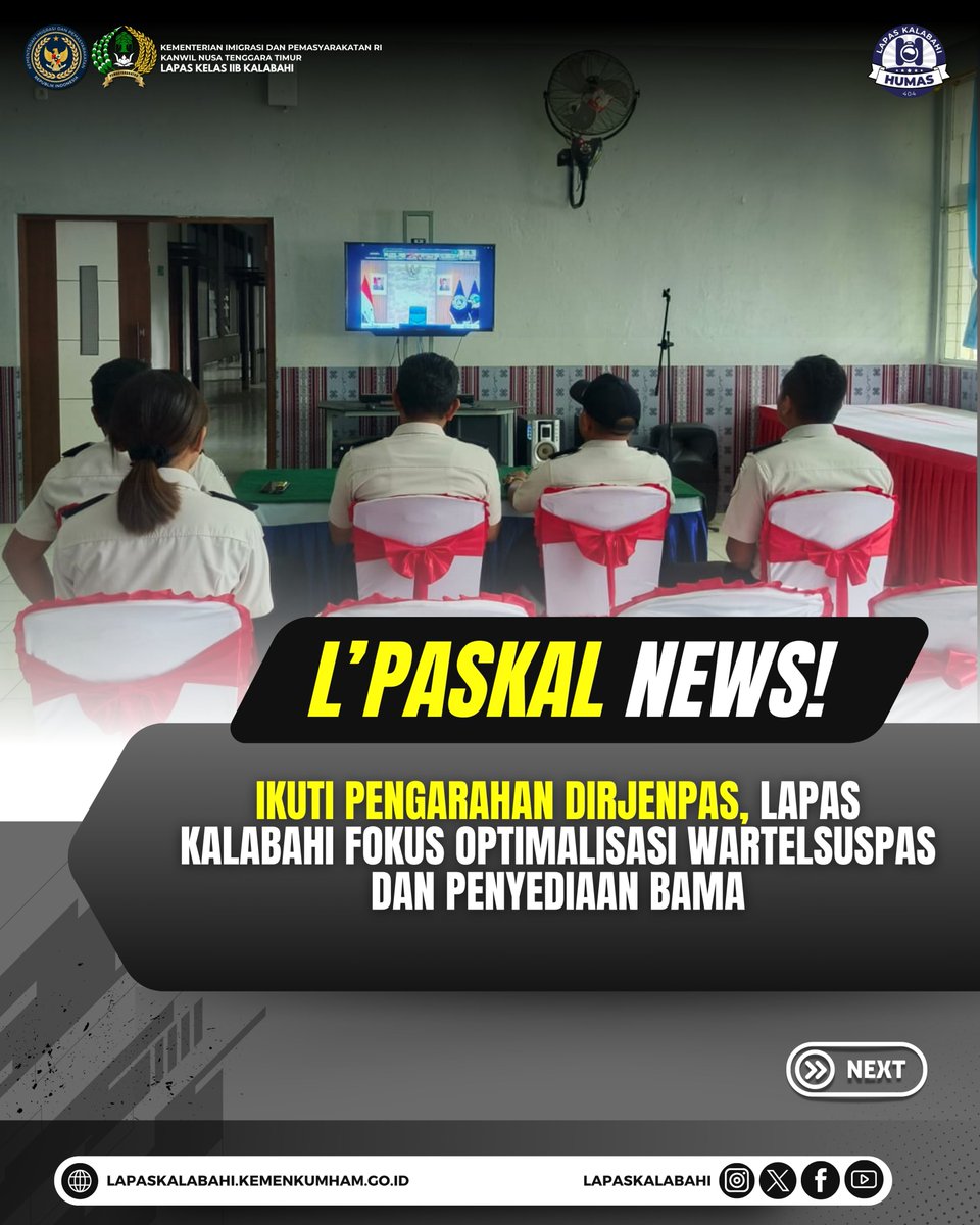 LapasKalabahi's tweet image. Ikuti Pengarahan Dirjenpas, Lapas Kalabahi Fokus Optimalisasi Wartelsuspas dan Penyediaan Bama

lapaskalabahi18.blogspot.com/2026/04/ikuti-…

#LapasKalabahi 
#Kemenimipas 
#AlwaysTheBest
~ KanwilDitjenpasNTT