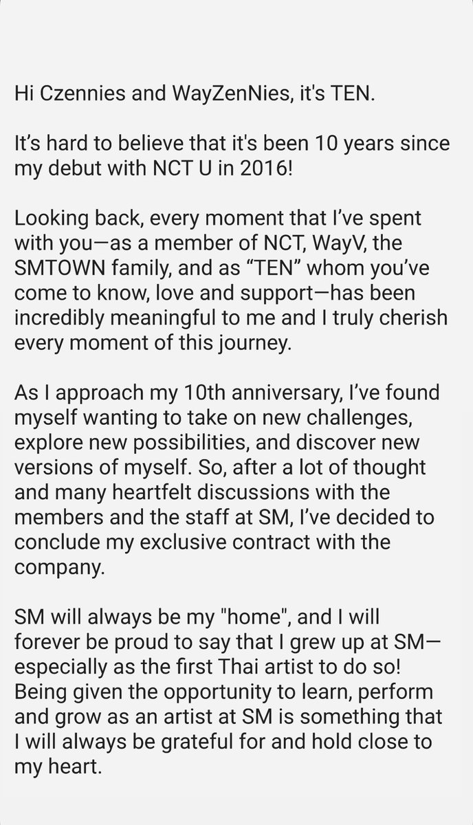 nctpopbase's tweet image. TEN has announced the end of his exclusive contract with SM Entertainment via Instagram stories. He stated that he will continue his activities as TEN of NCT and WayV while evolving his career as a solo artist. 

We are so proud and excited to see what TEN has in store for this