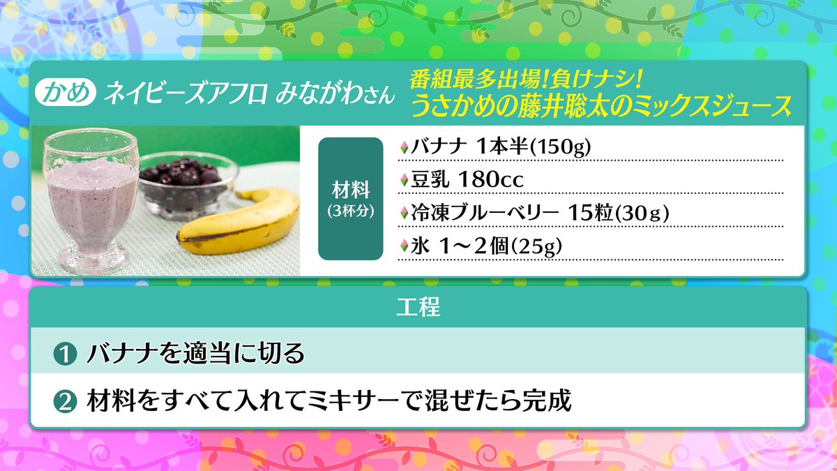 #うさかめ レシピ公開
🍎🍌ミックスジュース🍊🍑

🐇 #はるな愛
"即席熟成"でお店の味 
『令和のThis is ミックスジュース』

🐢 #ネイビーズアフロ #みながわ
"食材3つのみ!究極レシピ"
『番組最多出場！負けナシ！うさかめの藤井聡太のミックスジュース』

#草彅剛 #海原やすよともこ