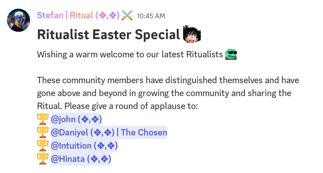 Guruji0335's tweet photo. Happy Easter from Ritual 💚✅
We are excited to welcome our newest Ritualists to the community!

A big shoutout to those who have put in extra effort to help Ritual grow and support others along the way 

1. @johntolxbt 
2. @nftdaniyel 
3. @Intuitionweb3 
4. @nft_hinata_eth

@ritualnet