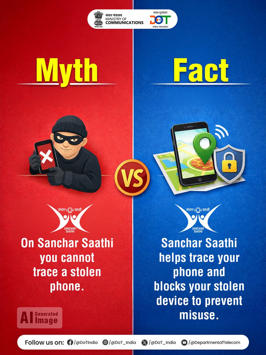 Don’t believe everything you hear—know the facts and take charge of your digital safety.

Act quickly with the right tools to safeguard your device from misuse.

Stay informed. Stay protected.

#SancharSaathi #CyberSafety #MythVsFact #StaySecure #DigitalAwareness #DoTIndia