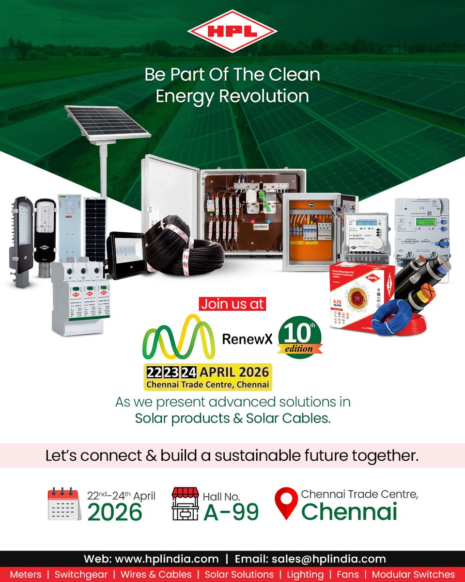 HPL_Official's tweet image. Clean, smart energy is here. ⚡🌱

Join us at RenewX 2026 to explore advanced solar solutions &amp;amp; high-performance cables powering a greener tomorrow.

📍 Chennai Trade Centre
📅 22–24 April | Hall A-99
#HPLIndia #RenewableEnergy #SolarSolutions