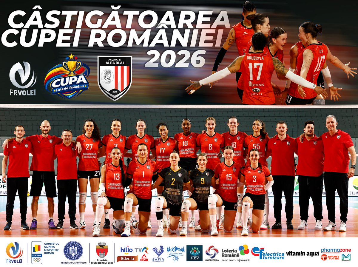 FRVolei's tweet photo. The sixth treophee of the Romanian Cup goes to Volei Alba Blaj! What a match! https://t.co/UHtFlob0mU https://t.co/R8SSLqGGHw
