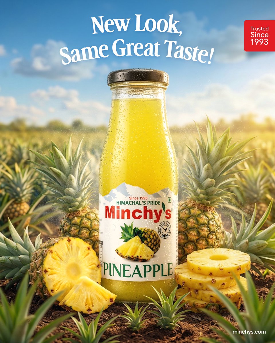 minchysindia's tweet photo. Our juice just got a fresh new look! 💫 
New Look, Same Great Taste! with Trusted Since 1993, you know it's still the same goodness you've loved for decades! 

#Minchys #SameGreatTaste #JuiceLovers #Himachal #PineappleJuice https://t.co/DYlO19dV1k