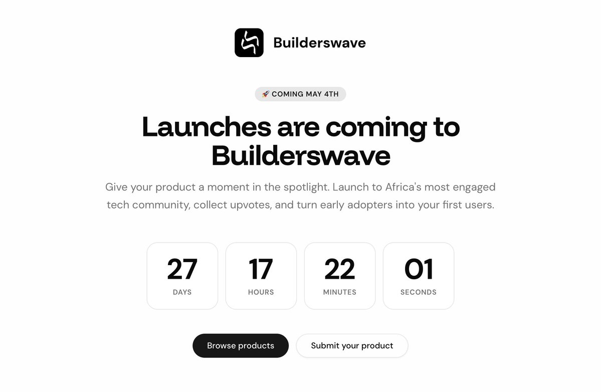 valerymelou's tweet photo. I’m currently building the second phase of Builderswave, and it is set to launch next month.

On May 4th, we are officially rolling out the Launches feature.

Right now, Builderswave is a discovery directory. But starting May 4th, it becomes a dedicated launchpad to give our local builders the spotlight they deserve, away from the extreme noise of existing launch platforms.

But building a launch platform is useless if there are no products ready to launch on Day 1.

I’m not waiting until May 4th to ask for your products. I’m asking you to start preparing today.

If you have a project in the works, or a product you want to re-introduce to the community, check out the roadmap here: https://t.co/iMsdVsRovs

Get your product submitted to the directory now, so when the launch feature goes live, you are already at the front of the line.

Let's drive you some traffic!