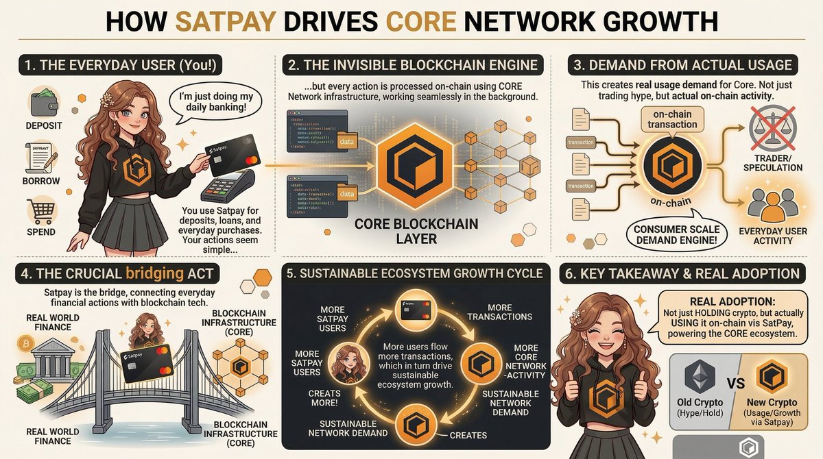 🧵 How SATPAY drives CORE Network Growth?

1/
Let’s simplify something powerful.
Every time you use SatPay whether you deposit, borrow or spend, it runs on Core infrastructure.

That means your daily financial actions are directly connected to a blockchain network.

Think of