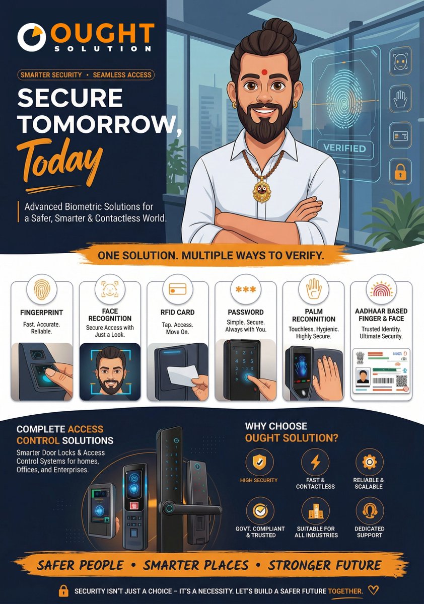 OughtSolution's tweet photo. Upgrade your workplace security with @OughtSolution ! We provide advanced #Biometric #AccessControl &amp; #SmartDoorLocks to keep your #business safe.
Choose from: 👆 Finger, Palm &amp; Face 💳 RFID &amp; PIN 🇮🇳 #AadhaarEnabledBiometrics
Get a quote today
#AccessControl #Biometrics https://t.co/IK0A4i5OLZ