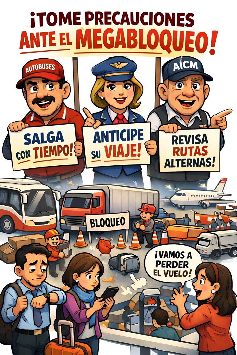 MarioMezura's tweet photo. Empresas de autobuses, aerolíneas y el AICM piden a los usuarios anticipar traslados, revisar rutas y salir con tiempo ante el megabloqueo de transportistas de este lunes 06/04/2026 desde las 7:00 hrs.

#Antac #ParoNacional https://t.co/EV8HN4g3fr