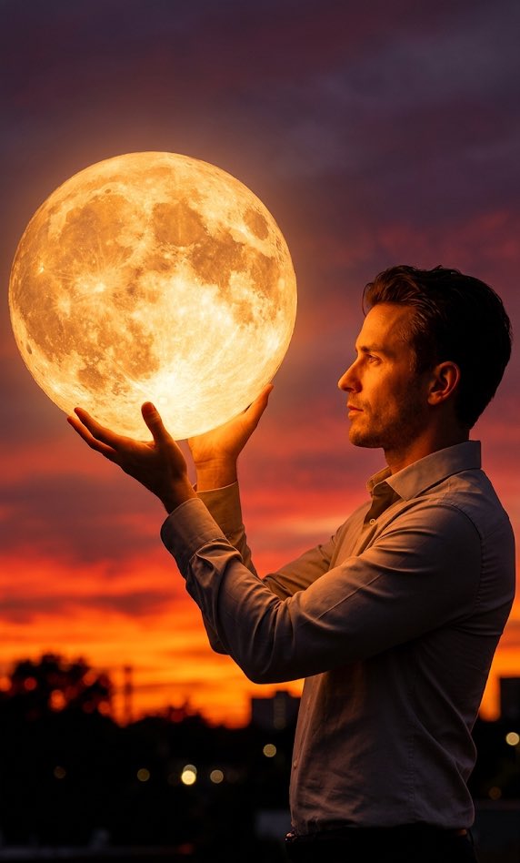 Man Cradling a Radiant Full Moon at Sunset - PromptGather image 1