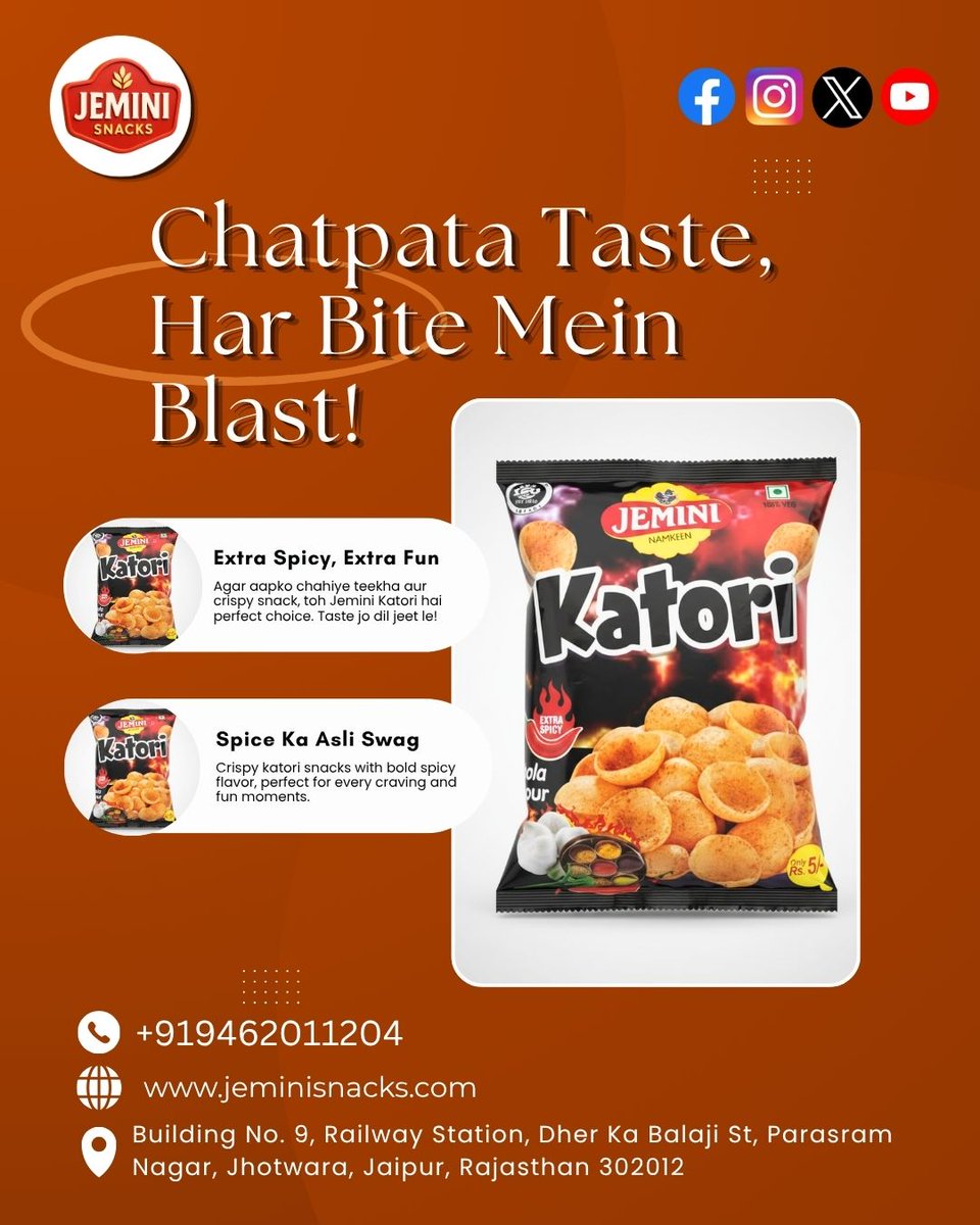 Jemini_001's tweet image. Chatpata Taste, Har Bite Mein Blast! 🌶️

📲 Order Now: +91 9462011204
🌐 Visit: jeminisnacks.com

Jhotwara, Jaipur

#JeminiSnacks #KatoriSnacks #ChatpataTaste #SpicySnacks #IndianSnacks #CrunchyBites #SnackTime #JaipurBusiness #TastyTreat #StreetSnacks