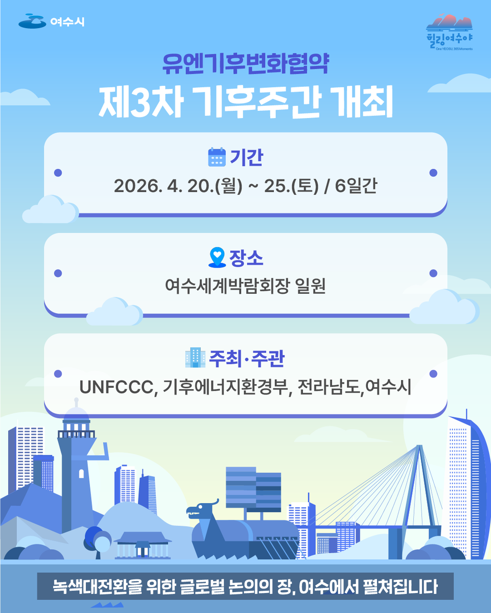 goystour's tweet image. 🌍 여수, 세계가 주목하는 이유!

4/20~25, 유엔기후변화협약 기후주간 개최
198개국·1만4천명 참여✨
기후 리더십 + 200억 경제효과 기대
지금, 글로벌 중심 도시 여수 🌊

#여수 #기후주간 #UNFCCC #국제행사 #K관광