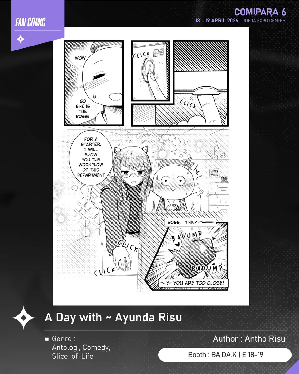 comipara_id's tweet image. [COMIC RAID]
Author: Antho Risu (LoveJuice-AlterSky-Neriko) 
Booth: E 18-19  -  BA.DA.K

Kali ini ada komik karya Kak Antho Risu (LoveJuice-AlterSky-Neriko), berjudul "A Day with ~ Ayunda Risu" yang akan dijual di Comipara 6 besok lho!

Comipara 6
18-19 April 2026

#comicraid6