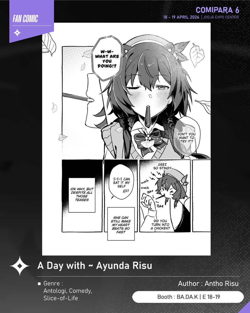 comipara_id's tweet image. [COMIC RAID]
Author: Antho Risu (LoveJuice-AlterSky-Neriko) 
Booth: E 18-19  -  BA.DA.K

Kali ini ada komik karya Kak Antho Risu (LoveJuice-AlterSky-Neriko), berjudul "A Day with ~ Ayunda Risu" yang akan dijual di Comipara 6 besok lho!

Comipara 6
18-19 April 2026

#comicraid6
