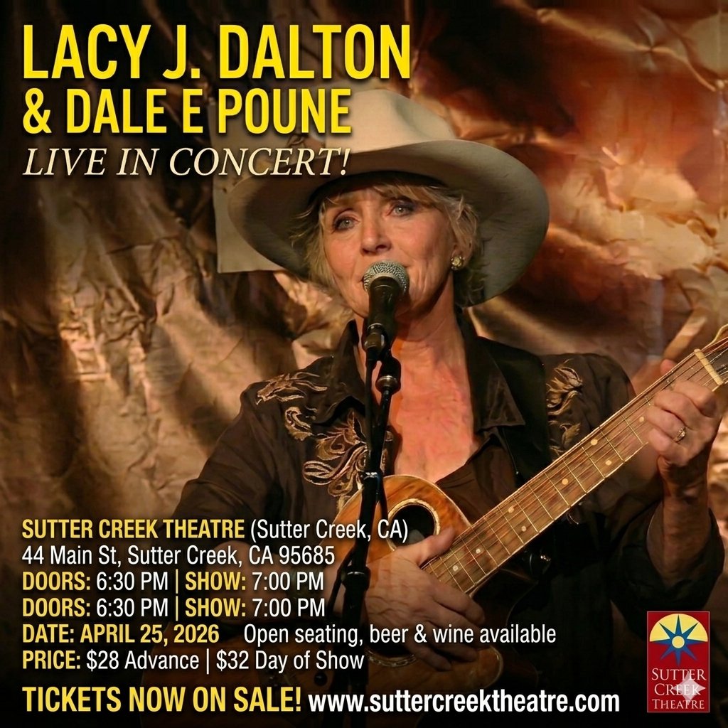 LacyJDalton's tweet photo. Lacy J Dalton w/Dale Poune
Sutter Creek Theatre (Sutter Creek, CA)
April 25, 2026
44 Main St, Sutter Creek, CA 95685
7:00pm
Doors 6:30, show 7 pm. Open seating, beer and wine available.
$28 Advance, $32 Day of Show
Tickets now on sale https://t.co/i7WO7Ak1Di