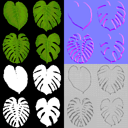 Feveray's tweet photo. Made a Material Maker graph that does it: pixelation, normal + roughness generation, and neat packing of 4 leaves into one 128x128 texture from image input. https://t.co/xSQ6Enc3gb