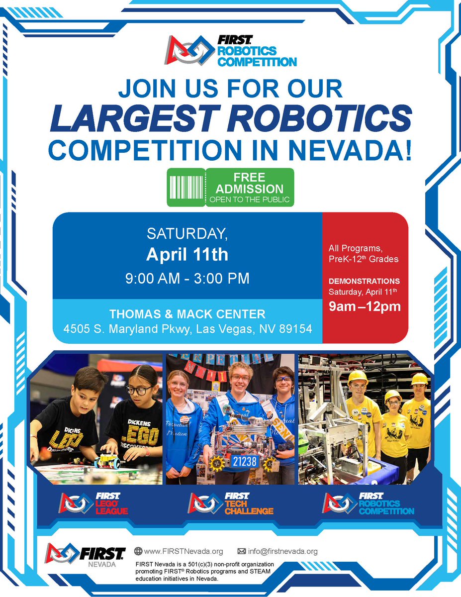 firstnevada's tweet photo. 🤖✨ The robots are ready… are you?!

Join us at the Las Vegas Regional at Thomas &amp; Mack Center! Friday, April 10 and Saturday, April 11

🎟️ FREE &amp; open to the public |🔗 Event info &amp; schedule: https://t.co/pcxpEElgl1
🎥 Can’t attend? Watch live: https://t.co/55SVT9SmEK https://t.co/I77WKPjktE
