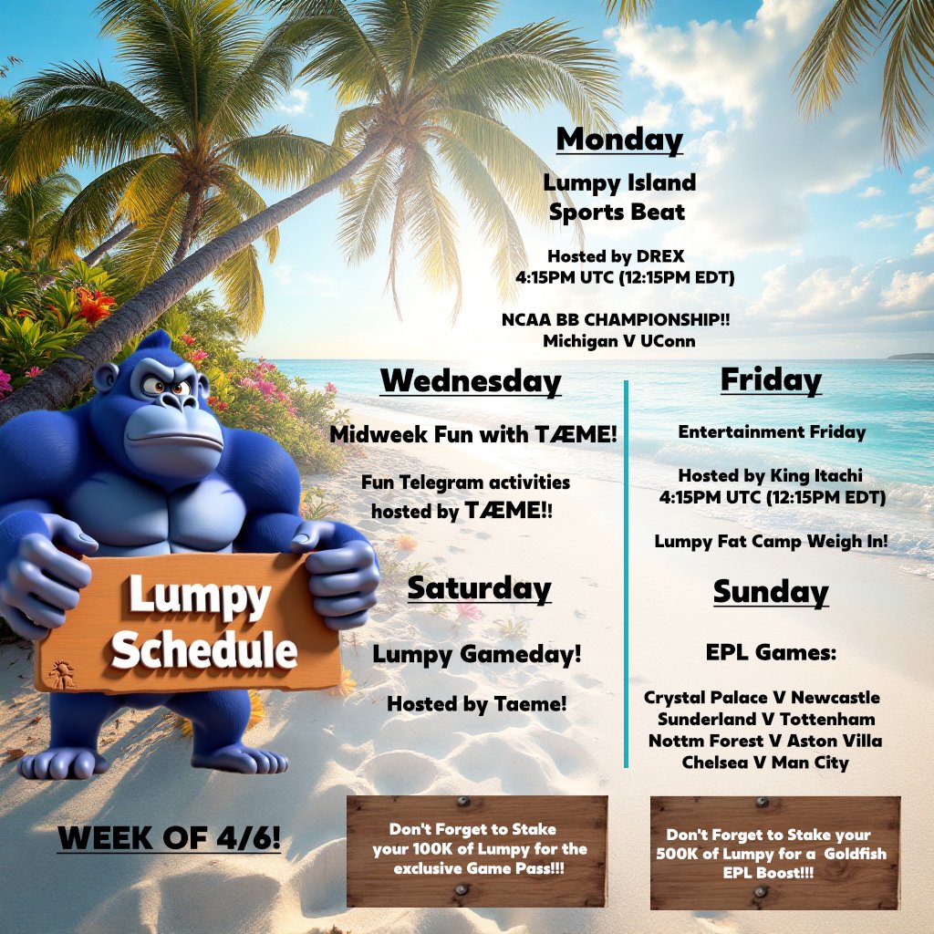 lumpyonbaseCTO's tweet photo. 🔥 SUNDAY NIGHT MEANS ONE THING… NEXT WEEK’S SCHEDULE DROP! 🔥
Strap in, because we’ve got some big updates and a whole lot of chaos coming your way.
🏆 NCAA Championship is THIS Monday — bring the energy, bring the takes, bring the snacks.
🎮 Wednesday is switching things up: we’re moving from CODM to Midweek Fun with TAEME, so expect surprises and plenty of laughs.
⚽ EPL IS BACK — finally! The pitch is calling and we’re ready.
And of course… all the usual shenanigans, nonsense, and good vibes you know and love.
Let’s make this week a wild one. We can’t wait to see you in the mix on Telegram!!

Telegram: https://t.co/jN0SZG5USB

Buy. HODL. Build. $Lumpy 🤝