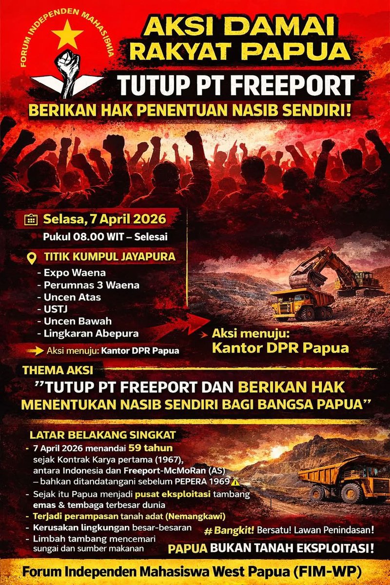 WeneBuletin's tweet photo. End  #Freeport  movement
7 April 2026 
Sumatera, Sorong, Manokwari, Timika, Jayapura, Sentani, Nabire.
@YLBHI @PBHI_Nasional @walhinasional @AmnestyID @ipmsdl_  @HRWG_Indonesia @FoEint https://t.co/BPMdnuNmGD