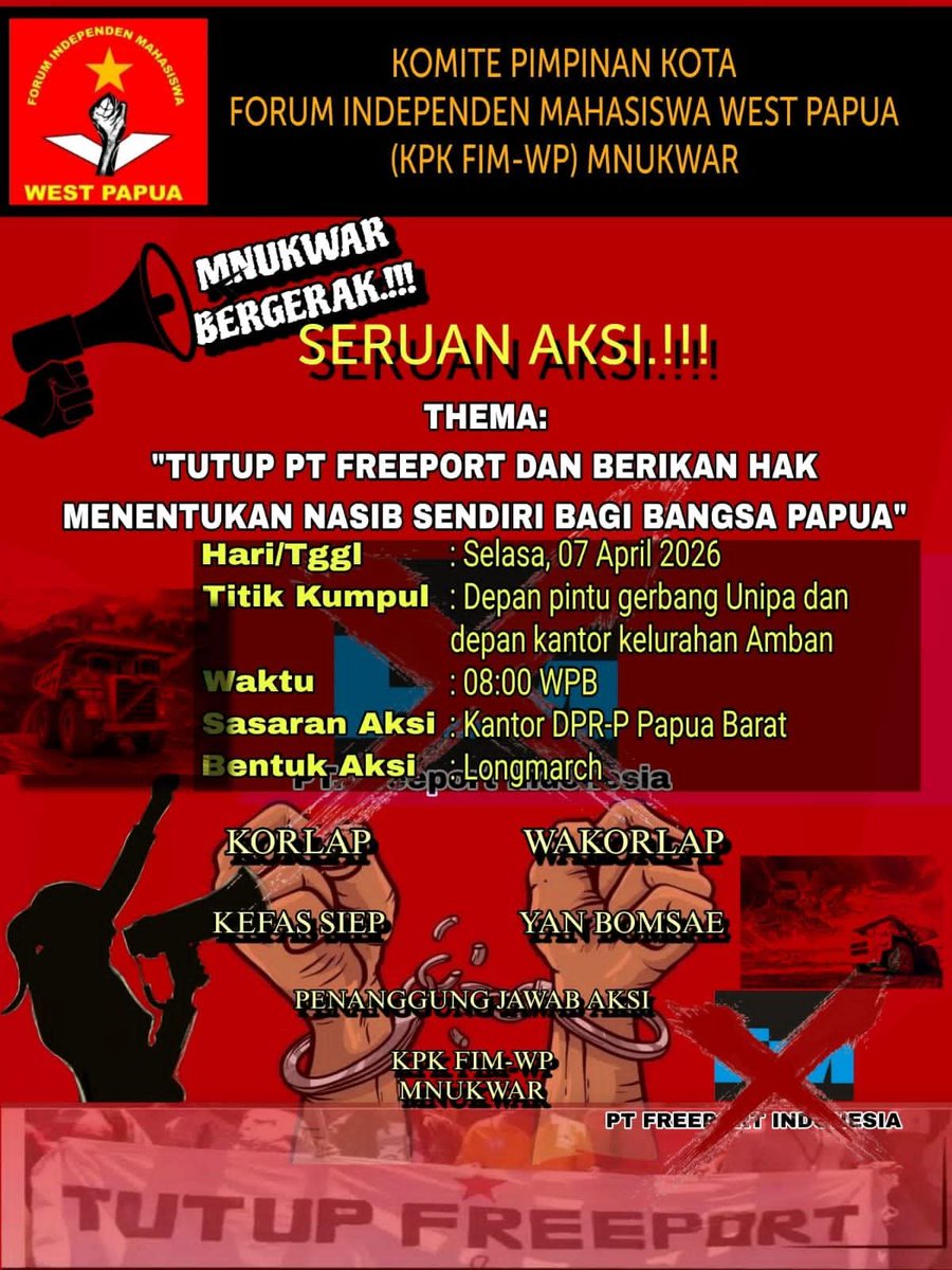 WeneBuletin's tweet photo. End  #Freeport  movement
7 April 2026 
Sumatera, Sorong, Manokwari, Timika, Jayapura, Sentani, Nabire.
@YLBHI @PBHI_Nasional @walhinasional @AmnestyID @ipmsdl_  @HRWG_Indonesia @FoEint https://t.co/BPMdnuNmGD