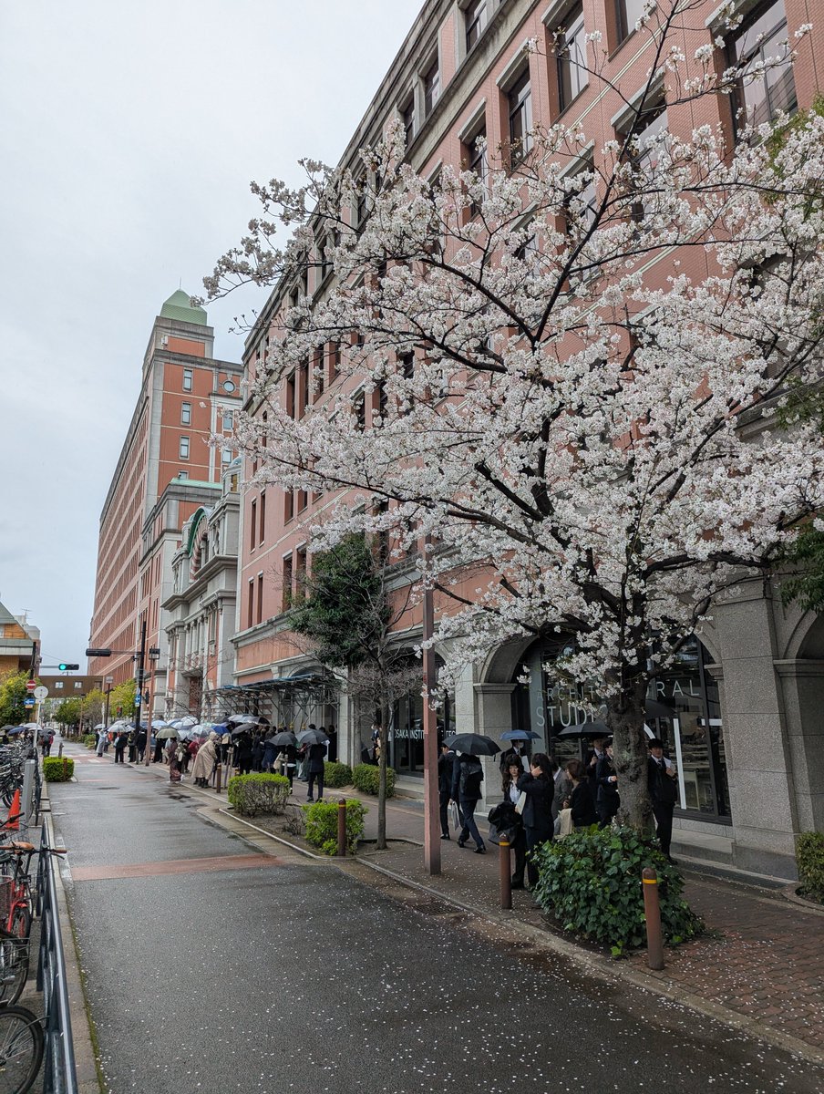 oit_bio's tweet photo. 入学式後の正門前（写真撮影スポット）には、今年も行列ができました。あいにくの雨模様だったため、行列は例年よりやや短めだったようです。ともあれ、入学生の皆さん、ご入学おめでとうございます。実り多い学生生活となることを願っています。 https://t.co/BwppSphURU