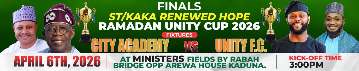 *COME ONE COME ALL TO THE  GRAND FINALEST/KAKA RENEWED HOPE UNITY CUP 2026*
Dear Esteemed Dignitary,
You are warmly invited to the Grand Finale of the ST/KAKA Renewed Hope Unity Cup 2026, a celebration of unity, youth empowerment, and sportsmanship.
Event Details:
📅 Date: April