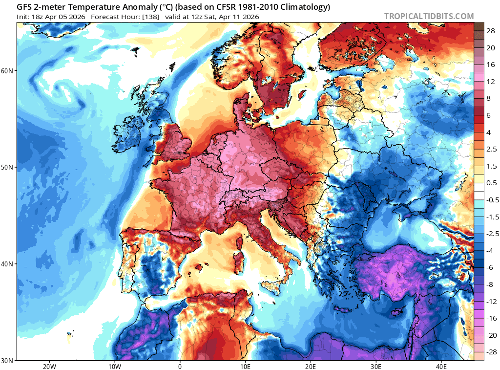 HISTORIC HEAT WAVE IN EUROPE
History is about to be rewritten in Europe with an extraordinary April warm spell which will smash hundreds of records in Spain,France,Germany,Switzerland,Austria.
Starting from Today we will see >30C in France.
It will be historic.
