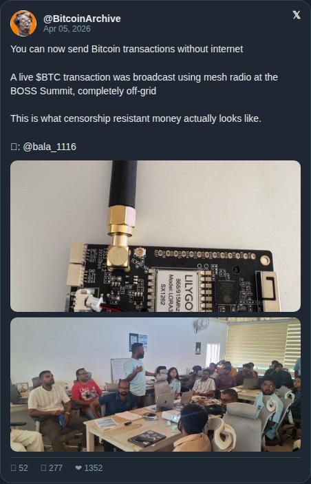 Sin internet?

Alguien acaba de mandar una transacción de #Bitcoin por radio mesh en la BOSS Summit

Resistente a la censura significa exactamente eso

Sin servidor
Sin banco
Sin permiso
Pasa así nomás ⚡