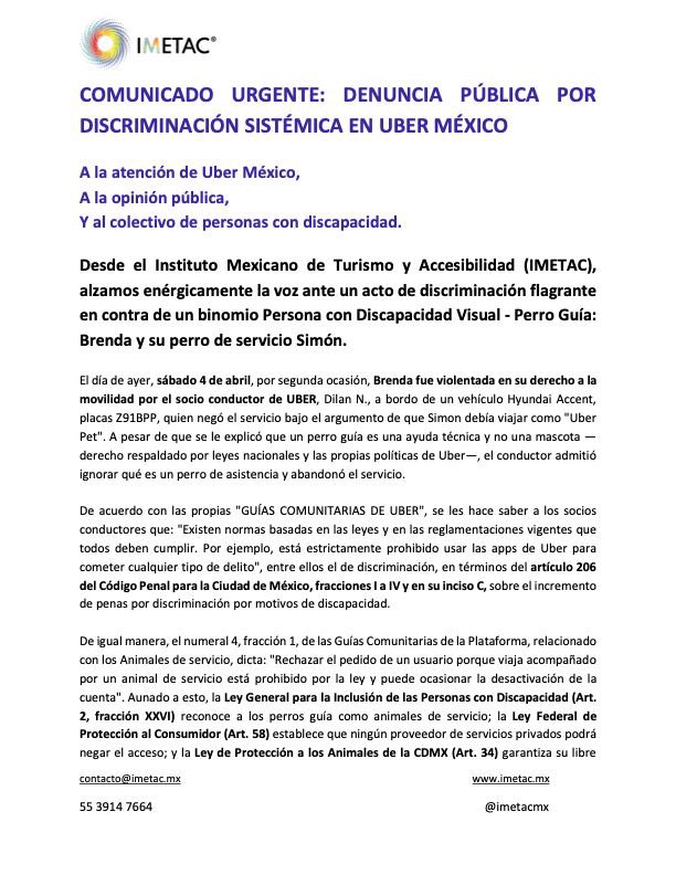 IMETACMX's tweet photo. Comunicado:

Socios de @Uber_MEX violentan derechos de las personas con discapacidad sin consecuencias.
Exigimos reunión formal con directivos y sanciones reales. Basta de algoritmos, queremos acciones. @COPRED_CDMX @LaSEMOVI @Profeco #BastaDeDiscriminación #PerrosGuía #IMETAC https://t.co/i4uqTuR0gE