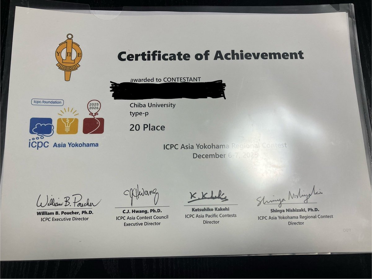 CCSは競プロが暑い！
国際大学対抗プログラミングコンテストのアジア地区予選で20位🫪
CCSのメンバー2人と外部1人の3人チームでした😎

またAtCoderの振り返りを毎週行っています😈
競プロ興味ある方はぜひぜひ😻