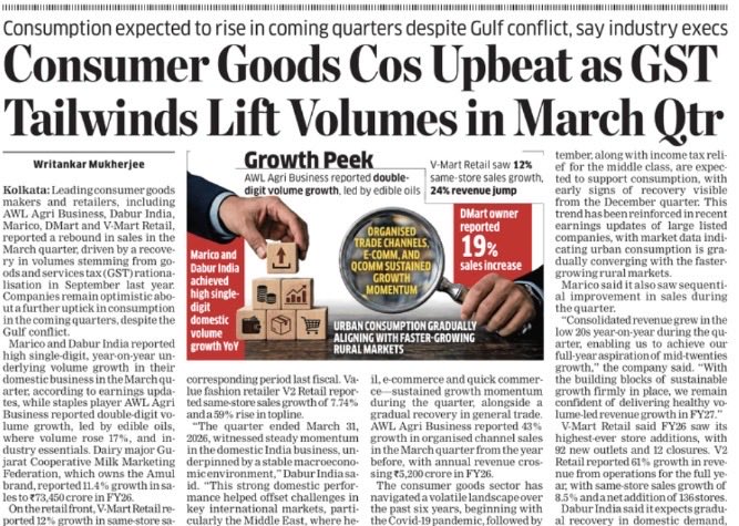 skyheightscap's tweet image. GST rationalisation from September triggered the recovery. March quarter confirmed it. Marico, Dabur — high single-digit volume growth. AWL Agri — double-digit, led by edible oils. DMart — 19% sales growth. V-Mart — 12% same-store sales growth, 24% revenue jump. Organised trade,