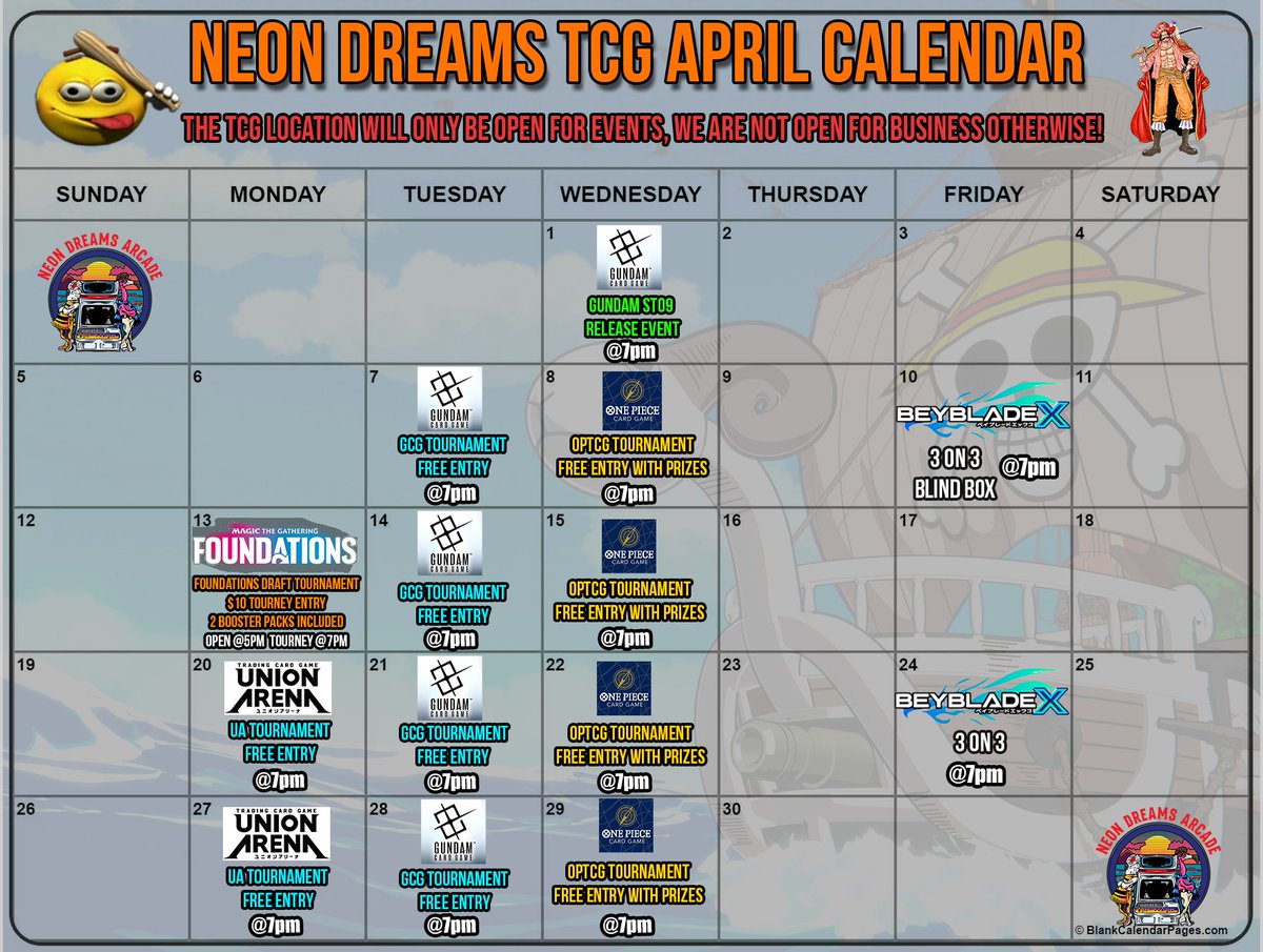 neondreamscafe's tweet photo. Calendars are out for both our TCG side and Arcade side for April! For more information, please read our post on our instagram or on our discord! https://t.co/cnLEJ4WEIe