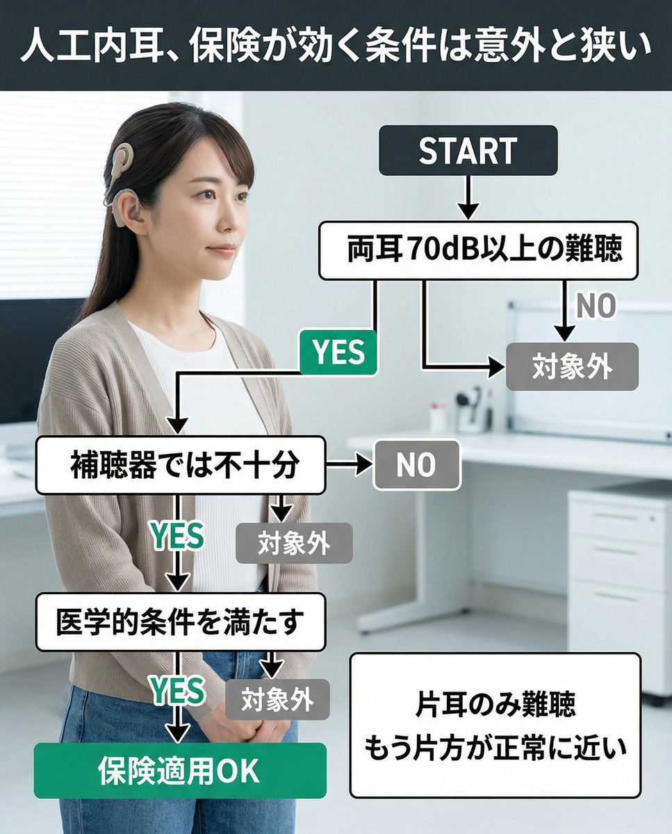 hyurebo's tweet photo. 【人工内耳、保険が効く条件は意外と狭い】
――――――――――

人工内耳の手術は、1994年から健康保険の対象です。
ただし、誰でも対象になるわけではありません。
――――――――――

基本の考え方はシンプルで、
・補聴器では十分に聞き取れない
・両耳とも高度〜重度難聴
この条件を満たすことが前提になります。
実際、日本では
両側70dB以上の難聴が目安とされています。
――――――――――

逆に対象外になりやすいのが、
・片耳だけの難聴
・もう片方が正常に近いケース
この場合は保険適用外になることがあります。
――――――――――

さらに、
・全身麻酔ができる体調
・手術後のリハビリが可能
こういった医学的条件も必要になります。
――――――――――

つまり、
保険が使えるかどうかは
「難聴の重さ」だけではなく
「両耳かどうか」「補聴器の効果」も含めて判断される
――――――――――

#人工内耳 #難聴 #医療制度

① 条件けっこう厳しい
② 思ってたより限定的
③ 初めて知った