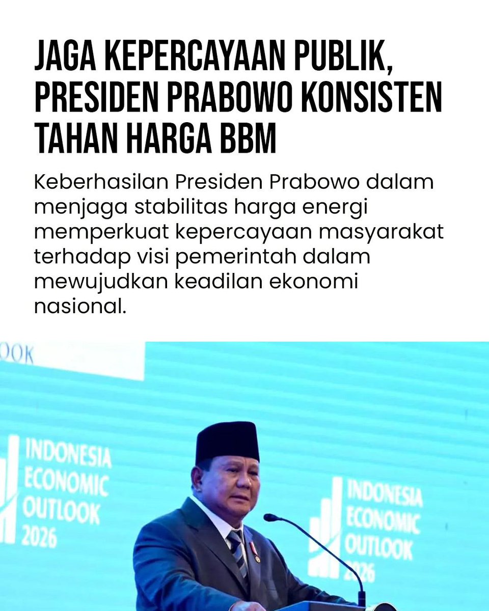 di tengah kondisi global yang  nggak pasti &amp; harga energi dunia naik, langkah berani buat nahan harga bbm jadi keputusan penting yang langsung kerasa ke masyarakat. Prabowo Jaga Rakyat dengan pastikan stabilitas terjaga, daya beli aman, ekonomi bawah tetap jalan #BBMTetapStabil