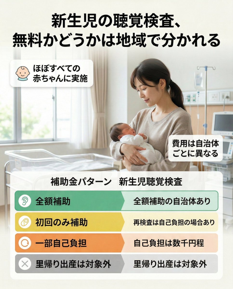 hyurebo's tweet photo. 【新生児の聴覚検査、無料かどうかは地域で分かれる】
――――――――――

新生児の聴覚検査は、ほぼすべての赤ちゃんに実施されています。
ただし費用は全国一律ではありません。
――――――――――

基本の構造はシンプルで、
・自治体が費用を補助する場合
・一部自己負担になる場合

このどちらかに分かれます。

多くの自治体では公費助成がありますが、
補助の範囲や回数は統一されていません。
――――――――――

よくあるパターンとして、
・初回検査は全額補助
・再検査は自己負担になる場合あり

また、
・里帰り出産などで対象外になるケース
もあります。
――――――――――

自己負担が出る場合は、
数千円程度になることが多いです。

検査自体は短時間で終わるものですが、
制度面は自治体ごとに差があります。
――――――――――

つまり、
検査の重要性は全国共通でも、
費用の負担は住んでいる地域や条件で変わる
――――――――――

#新生児 #聴覚検査 #医療制度

① 無料だと思ってた
② 条件あるの知らなかった
③ 自分の地域確認したくなった