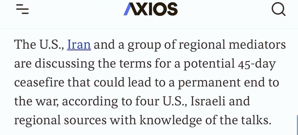 BREAKING💥💥💥

🇺🇸💢🇮🇷 United States and Iran discuss terms for a 45-day ceasefire that could lead to a permanent end to the war, Axios reports.

War is End know🙏🙏🙏

Source : <a href="/DailyChinaNewss/">Daily China New's</a>