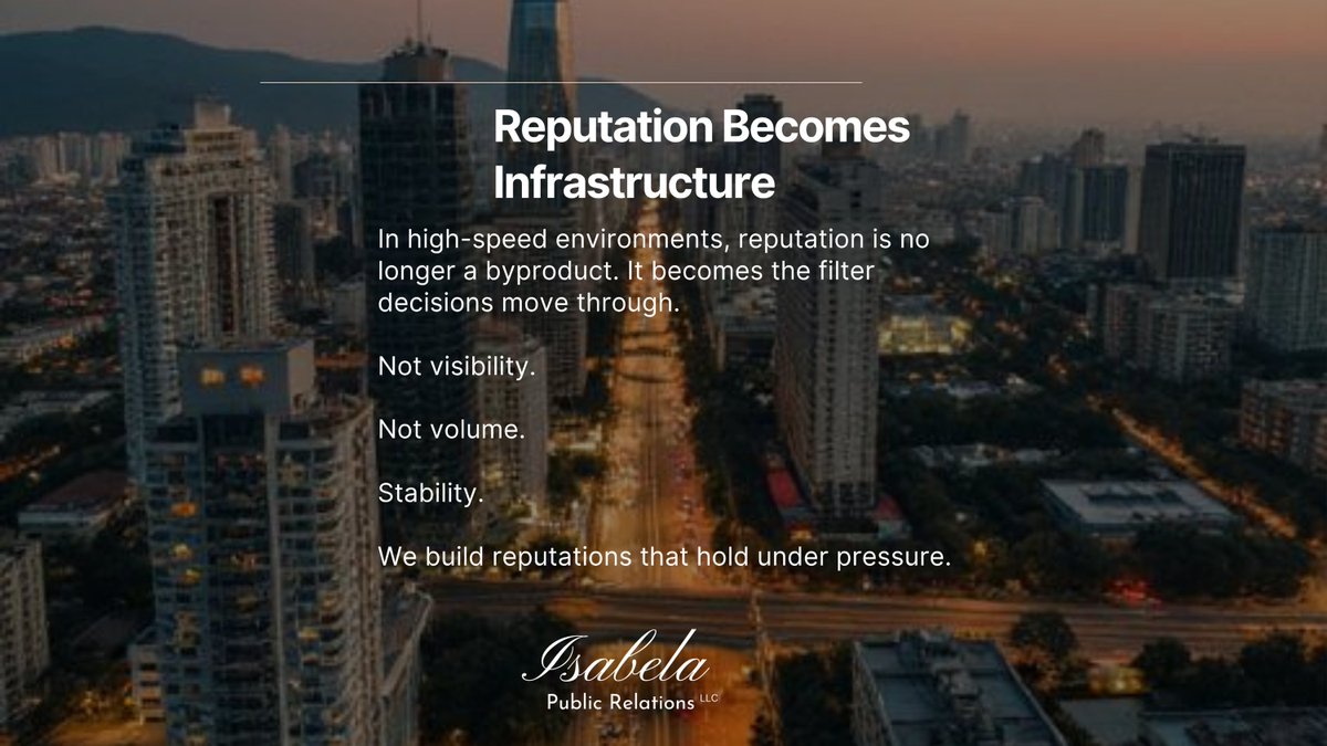 IsabelaPublic's tweet photo. When Organizations Compress, Reputation Carries More Weight

Fewer layers. Faster decisions. Less room for error.

In high-speed environments, judgment happens faster,

and reputation becomes the filter decisions move through.

We build reputations that hold under pressure.
#CEO https://t.co/IfYfiVi1dy