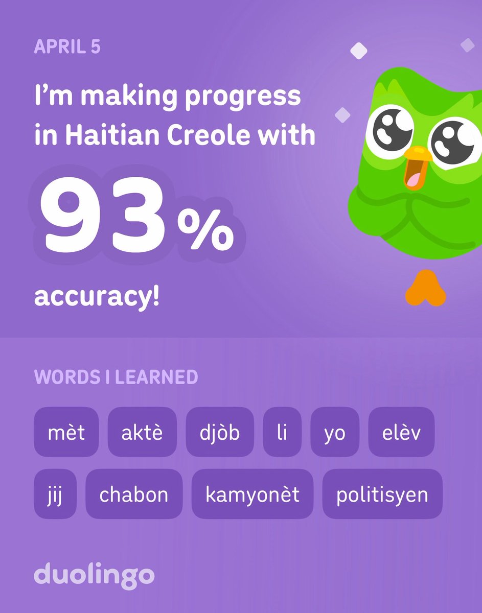 BlewHunnaz's tweet photo. I’m learning Haitian Creole on Duolingo! It’s free, fun, and effective. https://t.co/LoIfk1WXWc