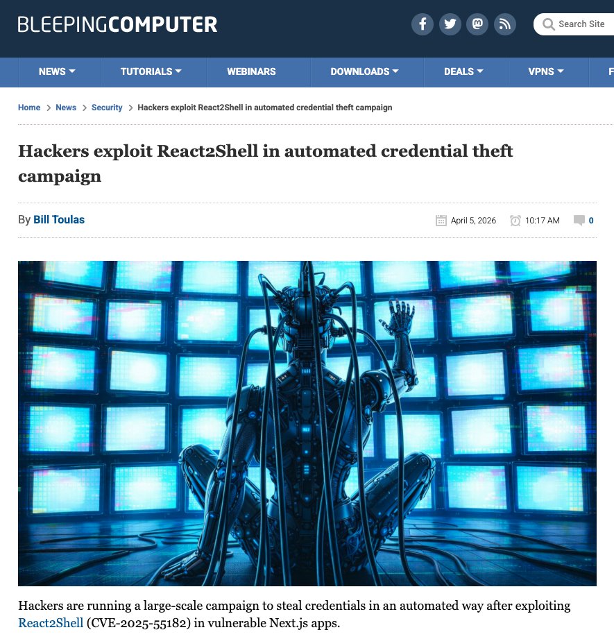 secureu_in's tweet photo. React apps are becoming secret vacuums. 

Attackers are now weaponising React2Shell to rip credentials out of vulnerable Next.js servers at scale, fast, and with almost no manual effort. 🔴 https://t.co/ka4XFg9pCN
