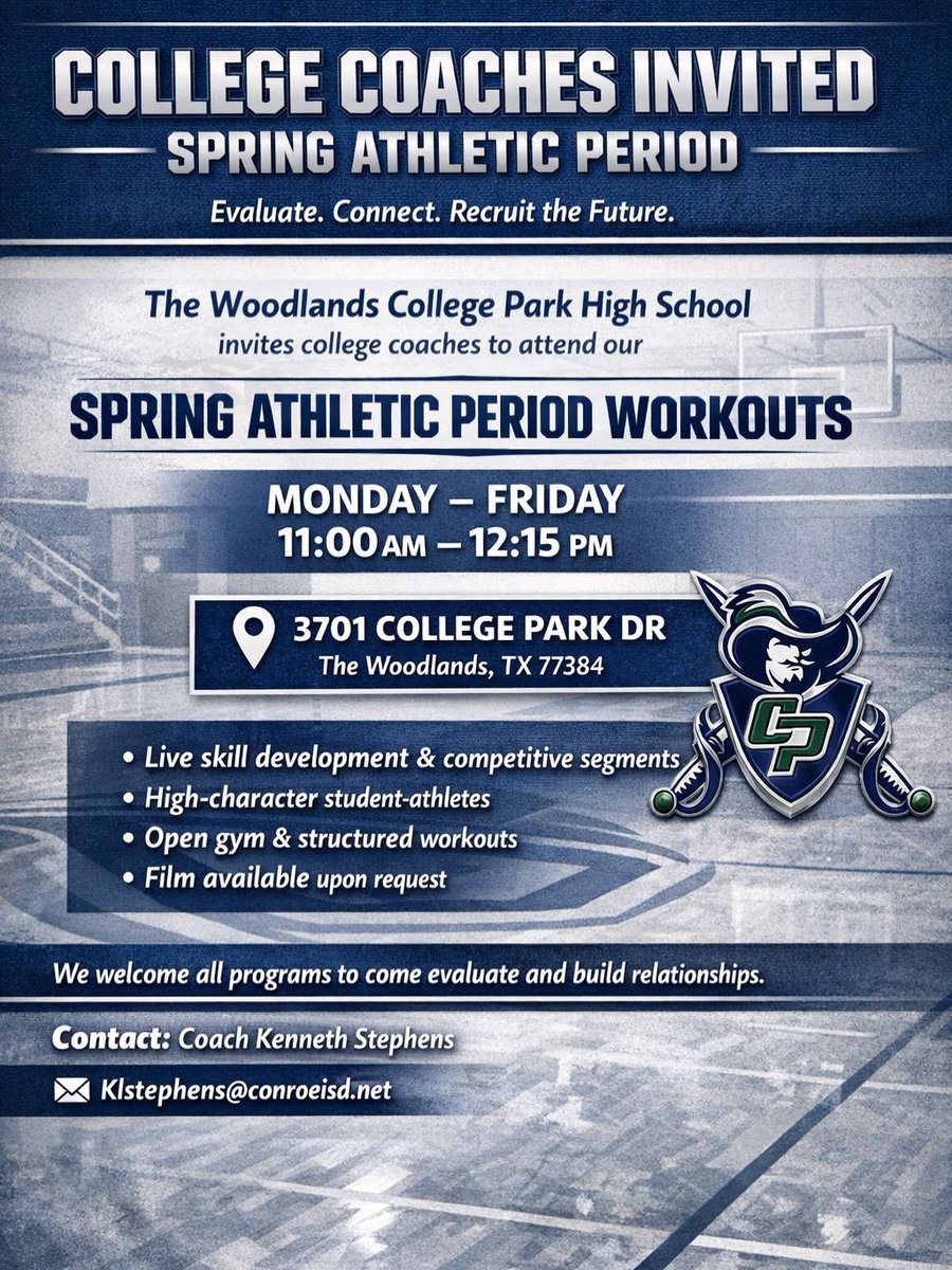 cp_hoops's tweet photo. Looking for tough, skilled, high-character players?
Come see College Park Basketball this spring during our Athletic Period.
Daily work. Competitive edge. College-level habits.
College Park HS
M–F | 11:00–12:15
Klstephens@conroeisd.net
#RecruitTexas #CPHoops #3701Basketball https://t.co/OsM8FdTVBA
