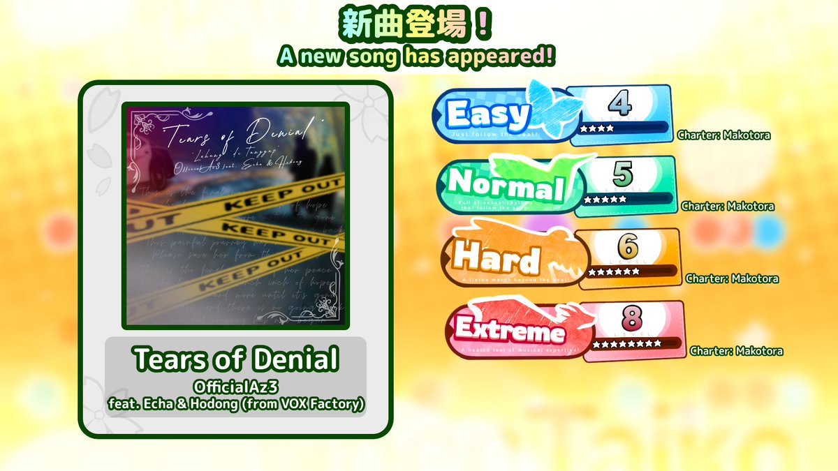 OpenTaiko's tweet photo. We've added an additional 20 songs to this chapter, check it out!

(🧵1/5)
🎵 虹華の刃 / 悠江
🎵 Tears of Denial / OfficialAz3 feat. Echa &amp; Hodong (from VOX Factory)
🎵 Sayawan Brasilero (OpenTaiko ver.) / OpenTaiko Sound Team "Makotora"
🎵 Do (Not) Break / imseeking https://t.co/FfiUlgVFG0