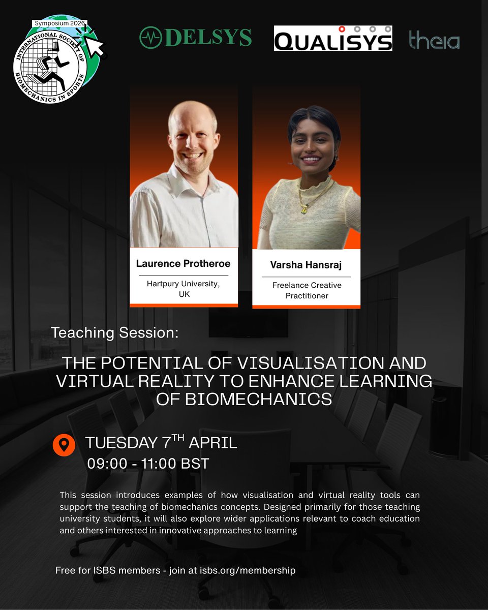 ISBSOFFICIAL's tweet photo. How can VR enhance biomechanics learning?
Join The Potential of Visualisation & Virtual Reality at the ISBS Online Symposium 2026.
📅 7 April | 🕘 09:00–11:00 BST
Free for ISBS members
#ISBS #Biomechanics #VR #Education https://t.co/TrdhywbU05