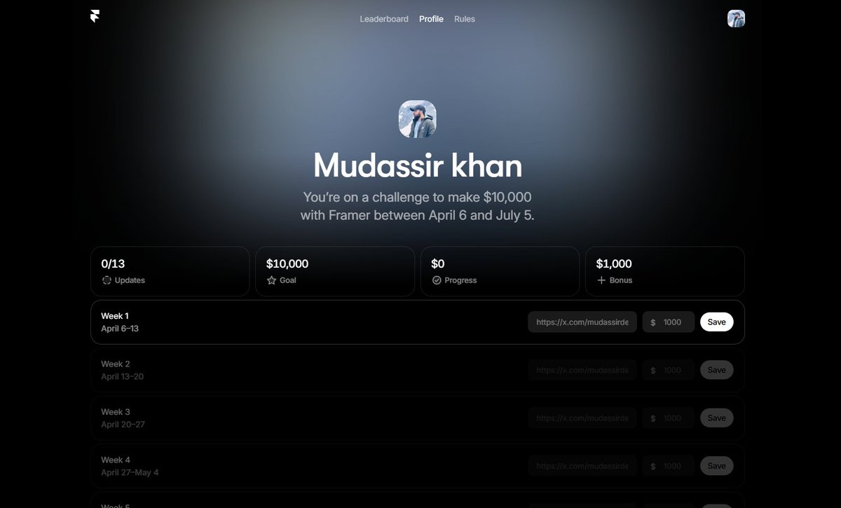 MudassirDesign's tweet photo. I’m officially part of the #FramerChallenge 🚀

Set myself a bold goal: $10K in 90 days.

A few weeks ago, I felt stuck, no clear roadmap, no direction, just ideas floating around. But after watching @learnframer  livestream and diving deep into the content, everything started to click. Now I’ve got clarity, a plan, and a completely different mindset. 

Here’s the game plan: • 
Launch 2 high-quality templates within the next 4 weeks
• Test, iterate, and double down on what works
• Generate revenue from both templates + client work

This isn’t just about the money, I needed a real challenge to push myself.

The past few months felt slow, but now I’m locked in, motivated, and ready to execute.

Let’s see how far I can go in the next 90 days 👀

Follow along, I’ll be sharing everything. 
#BuildInPublic #Framer