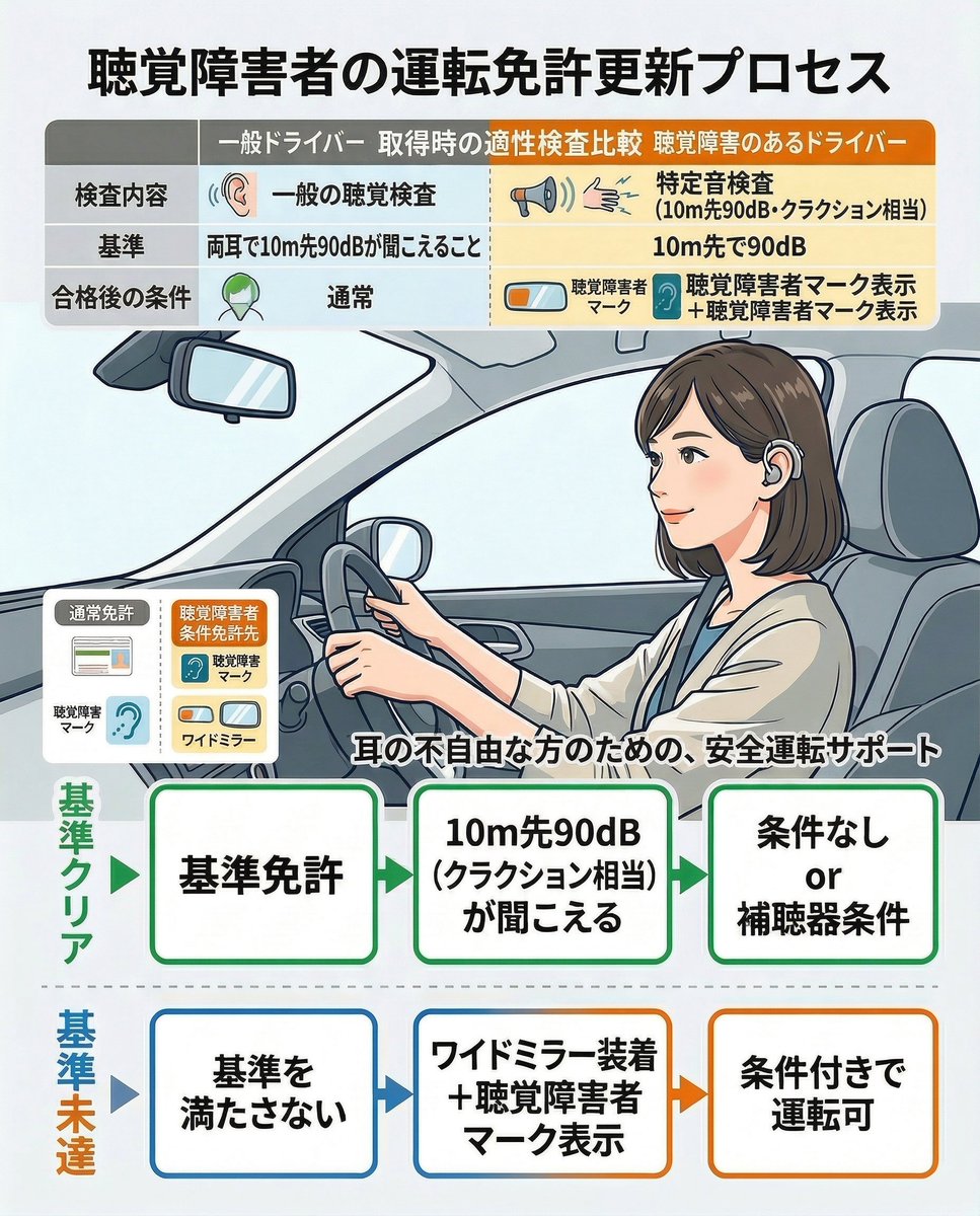 hyurebo's tweet photo. 【運転免許の聴力検査、実は数値ではなく条件で変わった】

――――――――――

運転免許更新の聴力検査は、
今も基本の基準は変わっていません。

・両耳で
・10m先の90dB（クラクション相当）が聞こえること

これが合格ラインです。

補聴器を使ってクリアすればOKです。
――――――――――

ただし大きく変わったのはここ。

「基準を満たさなくても取得・更新できるケースがある」

――――――――――

具体的には、

・ワイドミラー（特定後写鏡）装着
・聴覚障害者マーク表示

この条件を満たせば、
普通車などは運転可能になりました。

――――――――――

つまり今は、

・基準クリア → 条件なし or 補聴器条件
・基準未達 → 条件付きで運転可

という構造です。

完全に「聞こえない＝不可」ではなくなっています。
――――――――――

さらに補足として、

・二輪や原付は聴力検査自体なし
・大型や二種は基準が厳格

免許の種類でも扱いが変わります。

――――――――――

結論としては、

聴力の基準そのものは昔から大きく変わっていない
ただし「通らなくても乗れる仕組み」が追加された

ここが改定の本質です。

――――――――――

#運転免許 #難聴 #制度

① 条件付きでいけるの知らなかった
② 思ってたより柔軟だった
③ 自分の条件確認したい