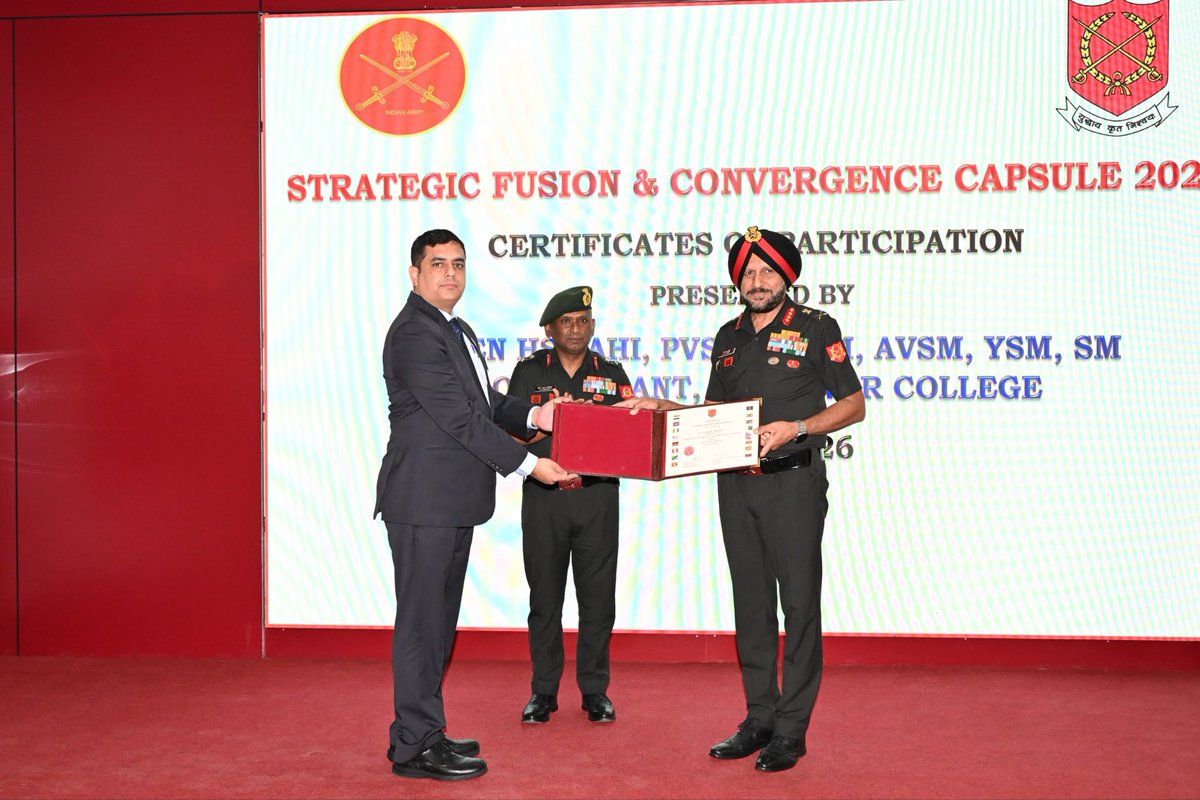 ia_awc's tweet image. STRATEGIC FUSION &amp;amp; CONVERGENCE CAPSULE 2.0
Two weeks capsule at #AWC brings together stakeholders of #NationalSecurity to hold in depth discussions to achieve synergy for capability development to meet futuristic battlefield challenges

pib.gov.in/PressReleasePa…

@adgpi @artrac_ia