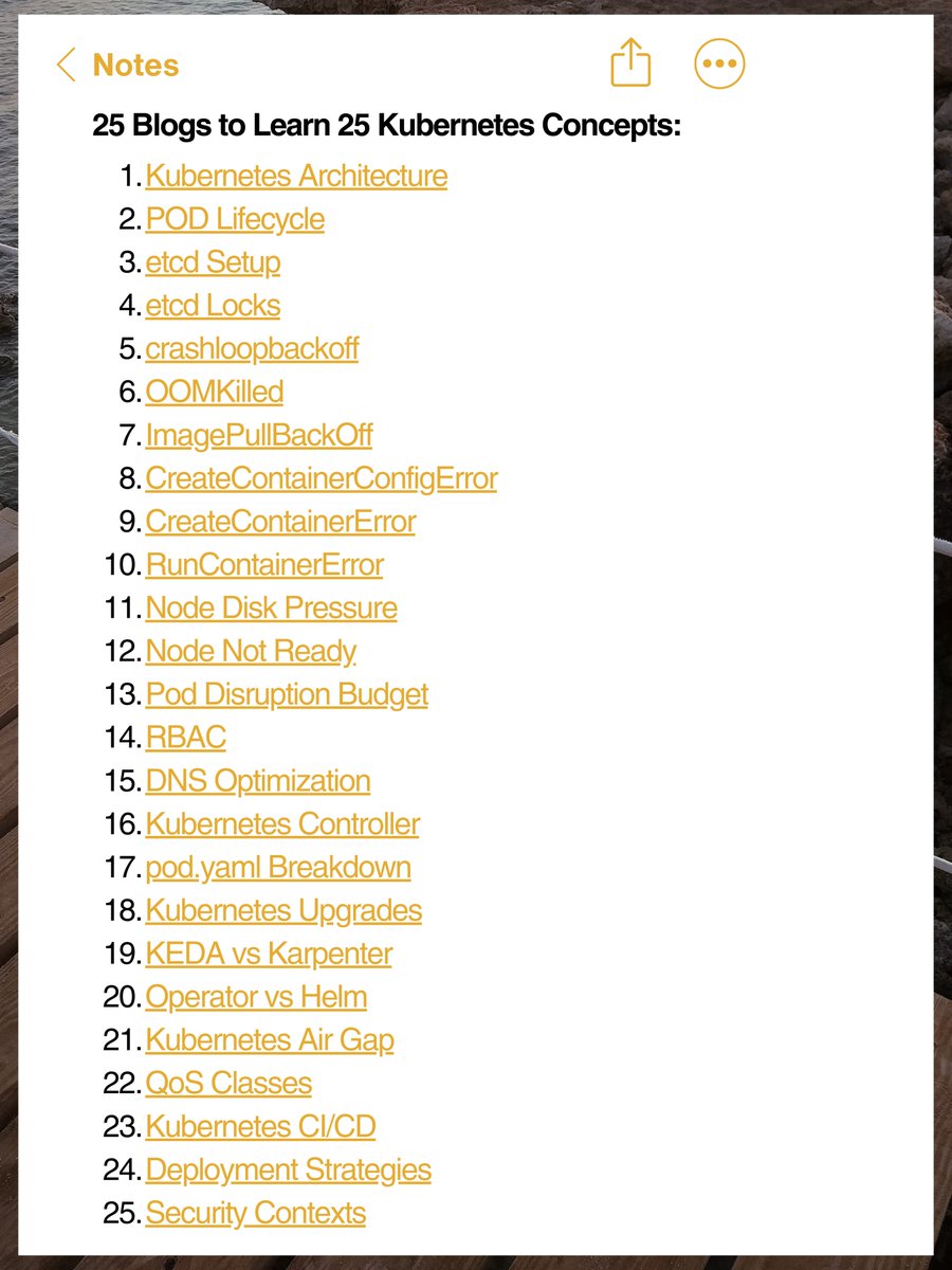 25 Blogs to Learn 25 Kubernetes Concepts:

1) Kubernetes Architecture: techopsexamples.com/p/kubernetes-a…
2) POD Lifecycle: techopsexamples.com/p/kubernetes-p…
3) etcd Setup: techopsexamples.com/p/how-to-setup…
4) etcd Locks: techopsexamples.com/p/understandin…
5) crashloopbackoff: techopsexamples.com/p/kubernetes-c…
6) OOMKilled:
