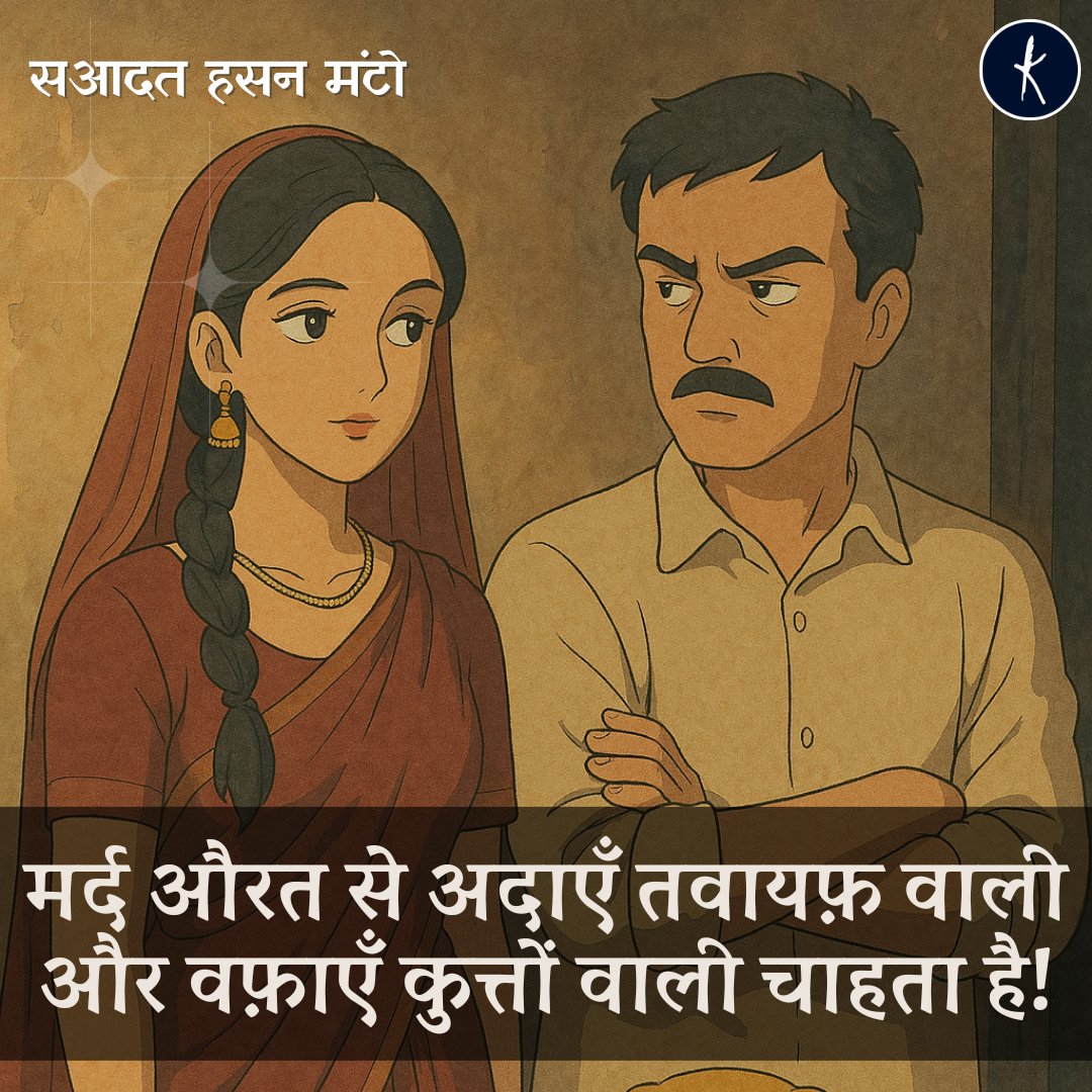 HasanManto's tweet photo. मर्द औरत से अदाएँ तवायफ़ वाली और वफ़ाएँ कुत्तों वाली चाहता है!

- सआदत हसन मंटो https://t.co/OvxyFrOm6p
